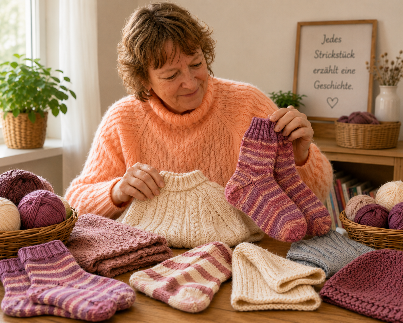 Birgit mit verschiedenen selbstgestrickten Projekten