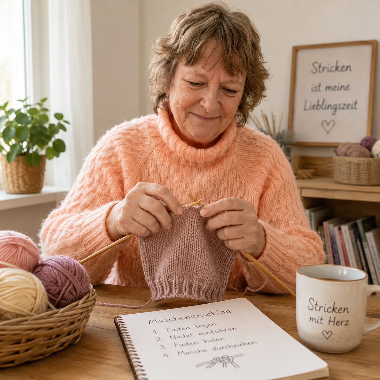 Birgit erklärt einen Strickschritt verständlich